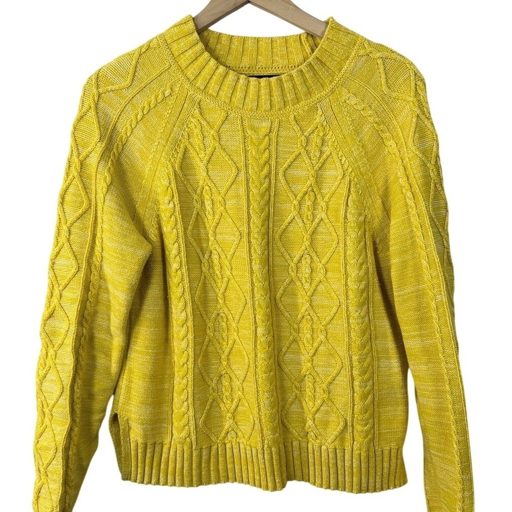 GAP Women Yellow Cable Knit Cotton Sweater Medium Tall Marled Crew Neck Pullover